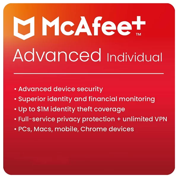 McAfee+ Advanced Individual (Unlimited Devices, 1 Year, Europe/UK Flags)